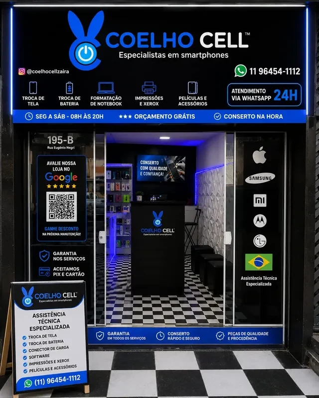 Fachada atualizada da loja Coelho Cell no Jardim Zaira